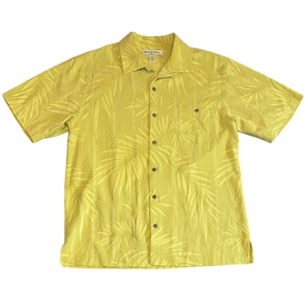 Tommy Bahama Mens Small Silk Cotton Palm Leaf Camp Shirt Lime Green Short Sleeve